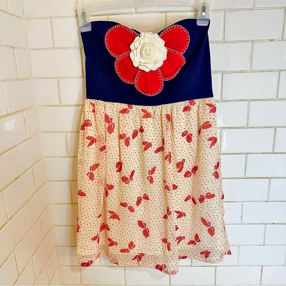 🍓Judith March Mini Dress Sweetheart strapless 3-D flower Blue Red Cream Medium - Picture 2 of 11